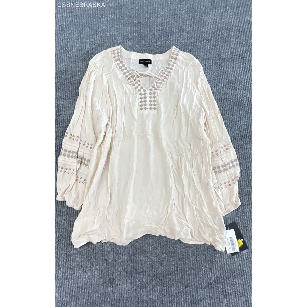 I.N. Studio Women's Cream Embroidered Tie Neck Rayon Blouse Tunic Sz L NWT